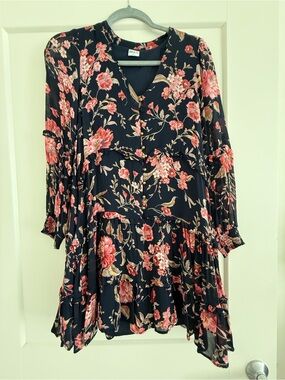 Bila Navy Floral Scoop Neck Top with Coral Blooms